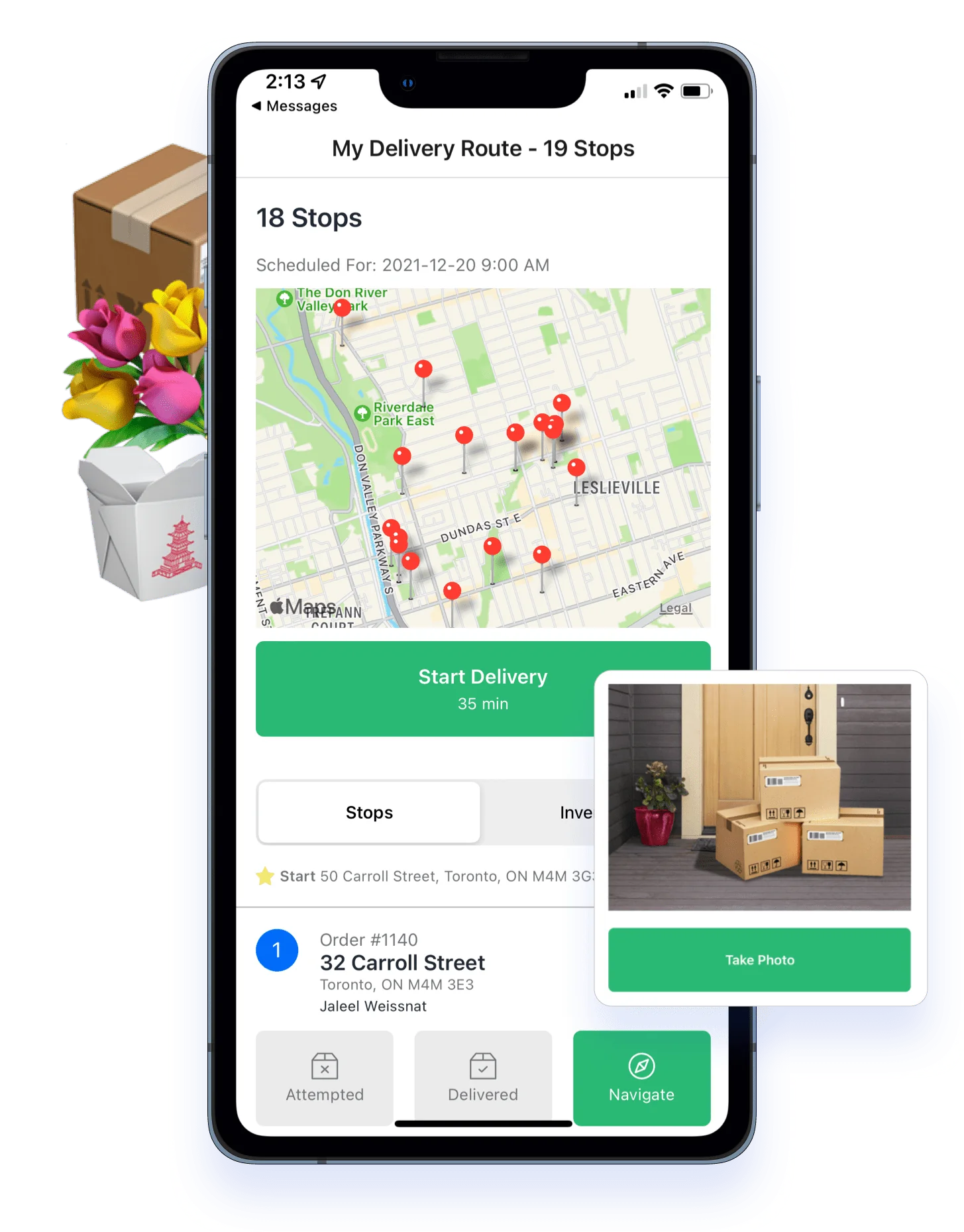 The EasyRoutes driver app on an iPhone showing a 19-stop route on a map with a Start Delivery button, beside a Take Photo proof-of-delivery card