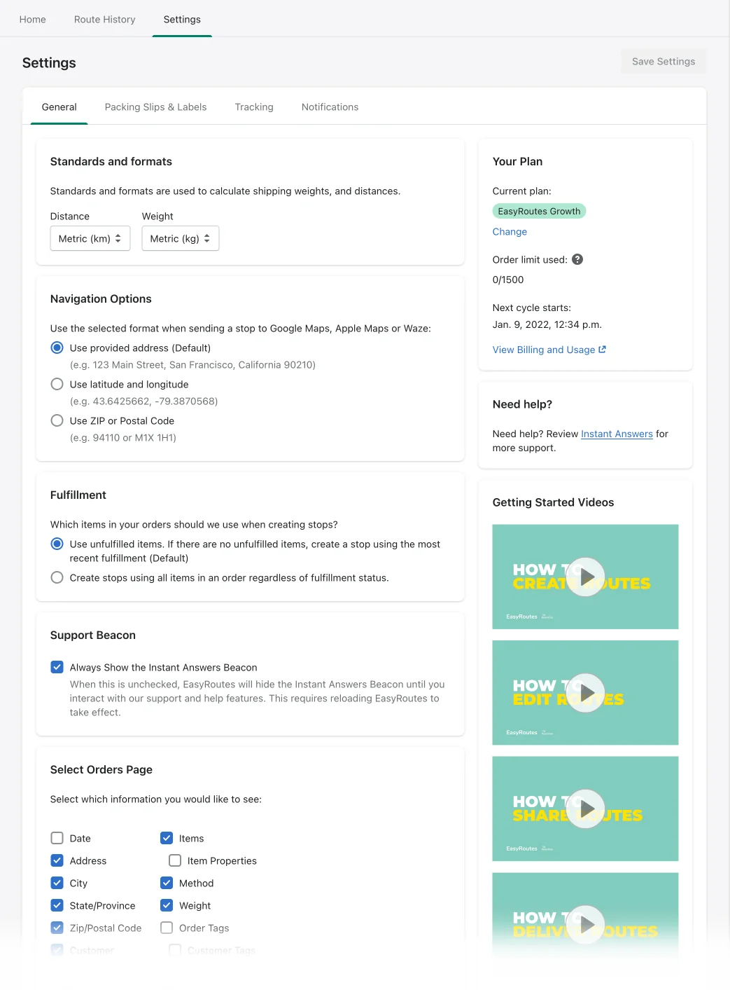 The redesigned Settings page on its General tab, with sections for units, navigation and fulfillment beside a column of Getting Started Videos