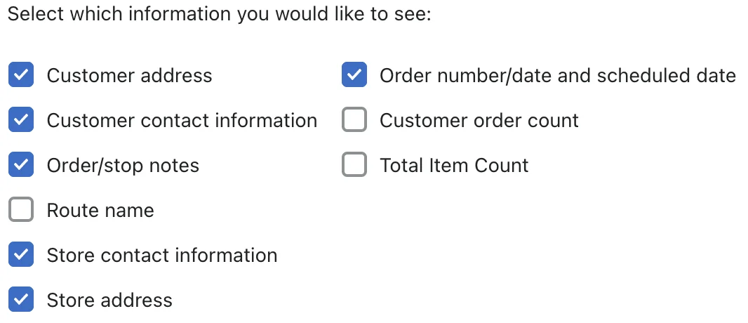 Packing slip checkboxes with Customer address, contact information, order notes and store details ticked, and Route name left unticked