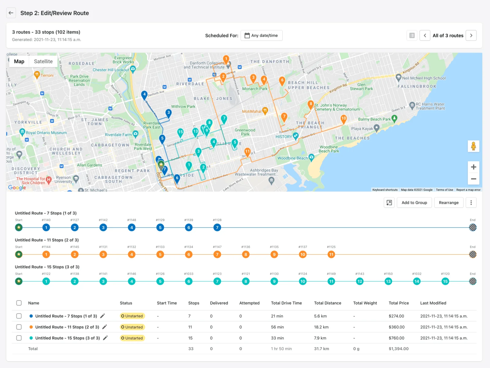 The Step 2: Edit/Review Route screen for a group of 3 routes and 33 stops, each route drawn in its own colour on a Toronto map and as a stop timeline below