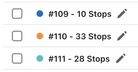 Three routes in a list named by Route ID: #109 - 10 Stops, #110 - 33 Stops and #111 - 28 Stops