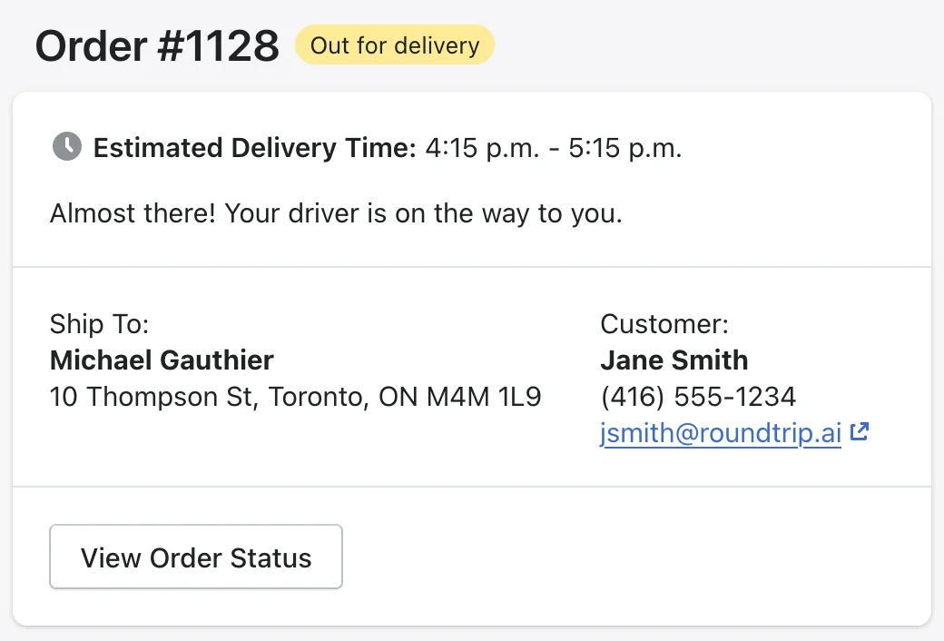 A customer tracking page for Order #1128 marked Out for delivery, with an estimated delivery time and a View Order Status button