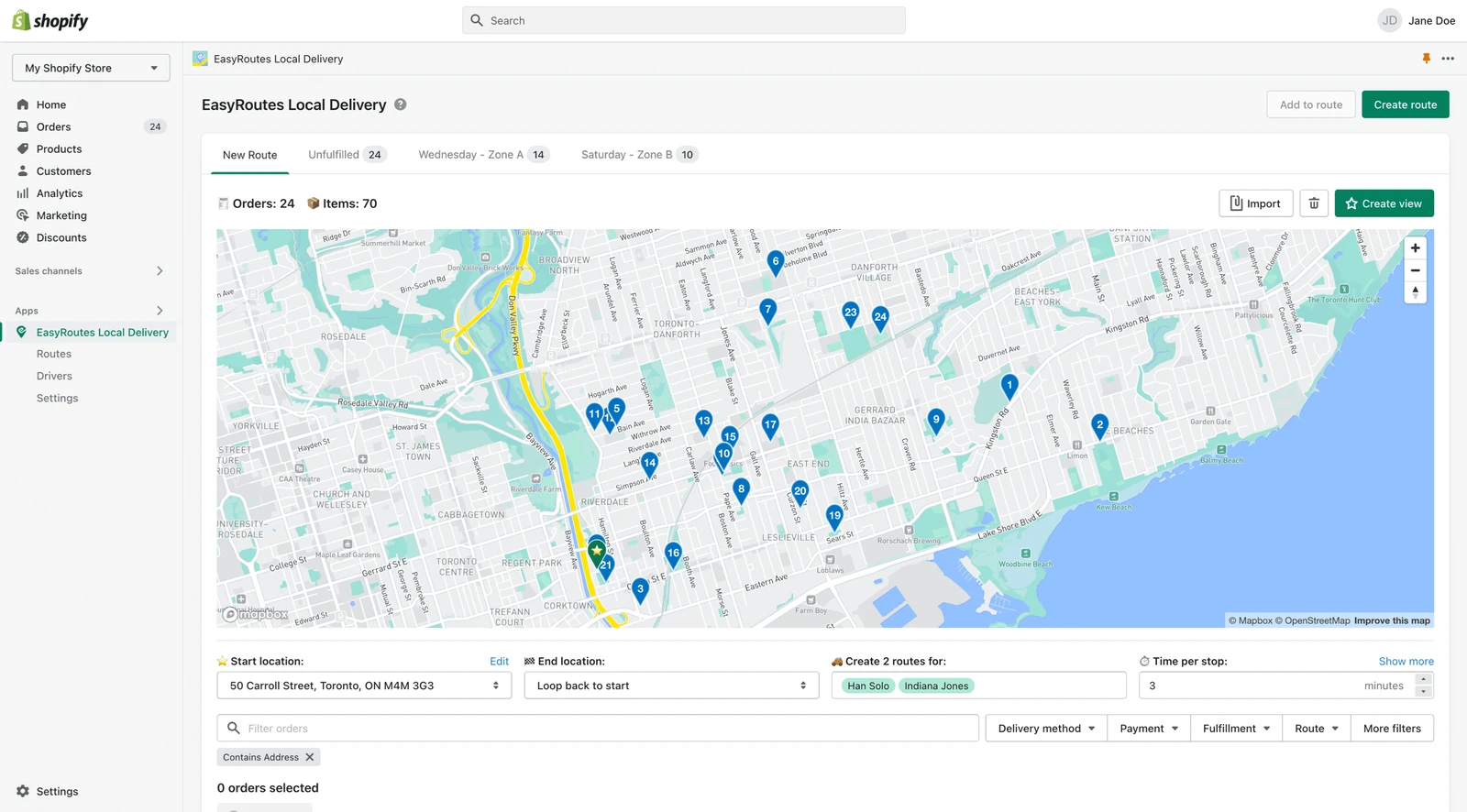 The EasyRoutes Local Delivery order dashboard in Shopify Admin with the new map of numbered order pins across Toronto above the route options
