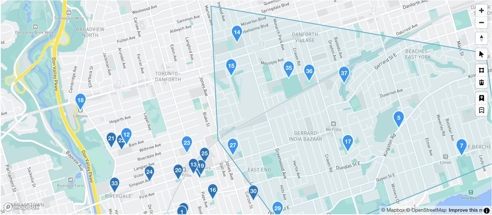 The orders map with a polygon drawn around a group of pins and the selection tools in the toolbar down the right-hand side