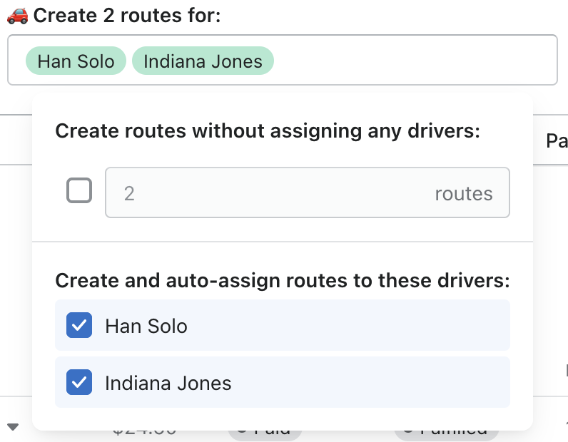The Create 2 routes for menu with “Create and auto-assign routes to these drivers” and two drivers ticked
