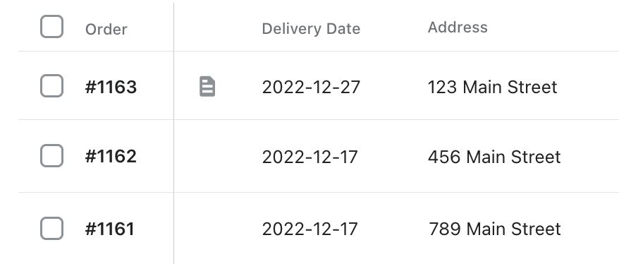 The order dashboard's order list with a Delivery Date column showing dates such as 2022-12-27 and 2022-12-17