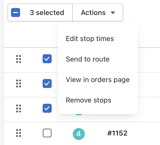A route's stop list with 3 selected and the Actions menu open to Edit stop times, Send to route, View in orders page and Remove stops
