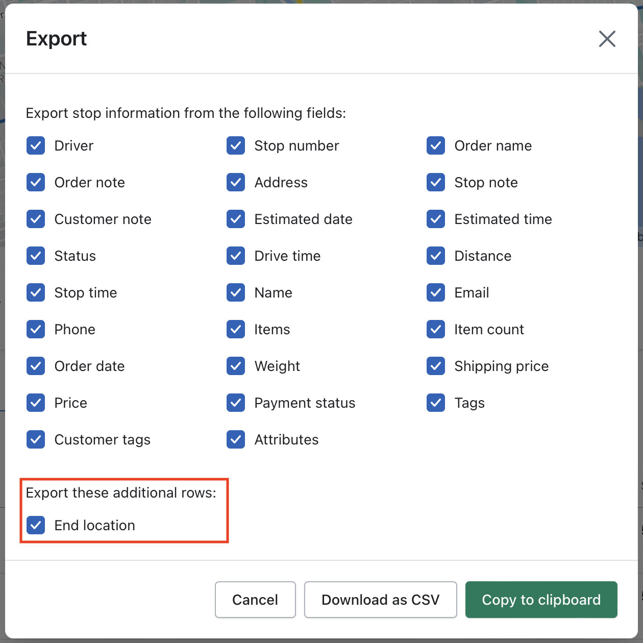 The Export dialog with every stop field ticked and End location ticked under Export these additional rows, outlined in red
