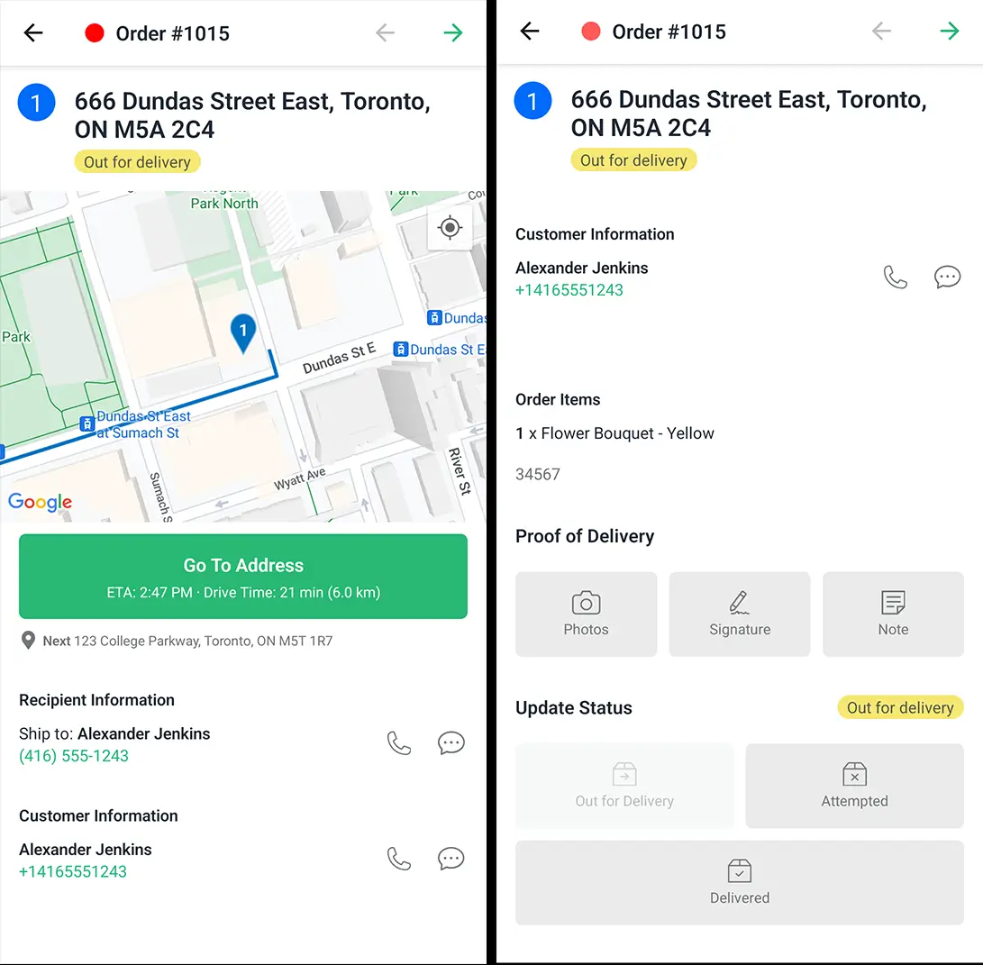 Two views of the redesigned stop page in the EasyRoutes driver app, with a full-width map, a Go To Address button with ETA, and Proof of Delivery buttons