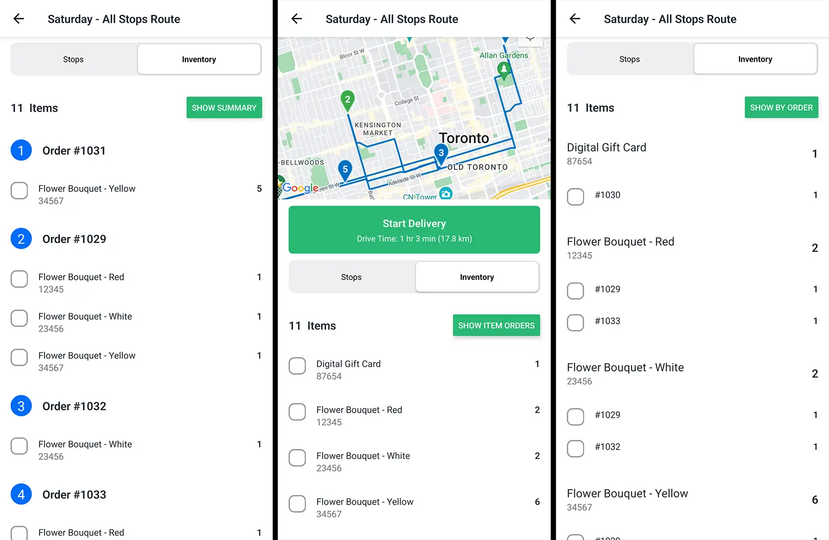 Three Inventory tab views in the EasyRoutes driver app for a Saturday route: items by order, an 11-item summary under the map, and items with their order numbers