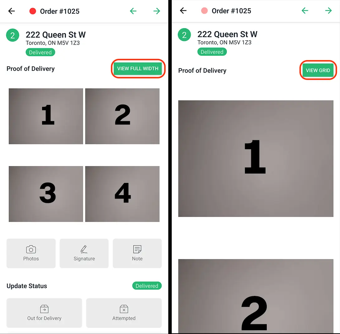 The Proof of Delivery section of an EasyRoutes driver app stop, as a four-photo grid with View Full Width circled and as stacked photos with View Grid circled