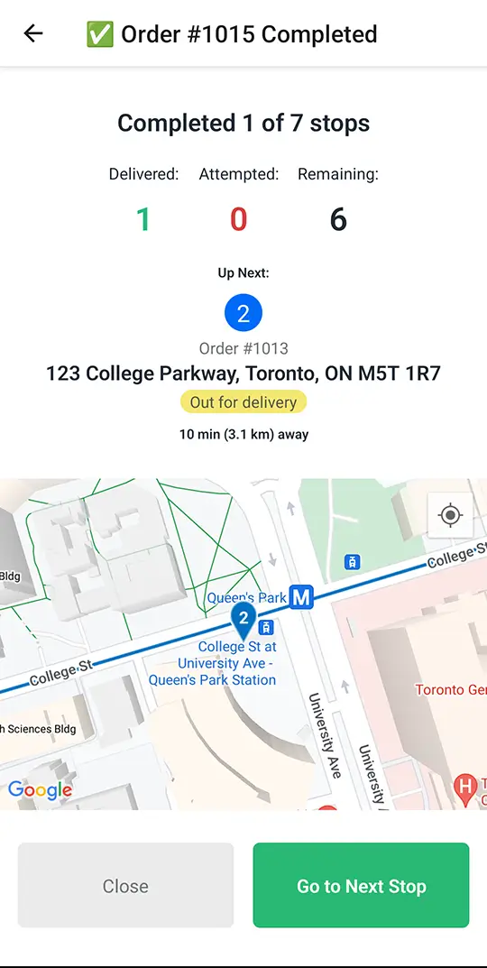 The EasyRoutes driver app’s order completed screen showing 1 of 7 stops done, the next stop’s address and distance, a map, and a Go to Next Stop button