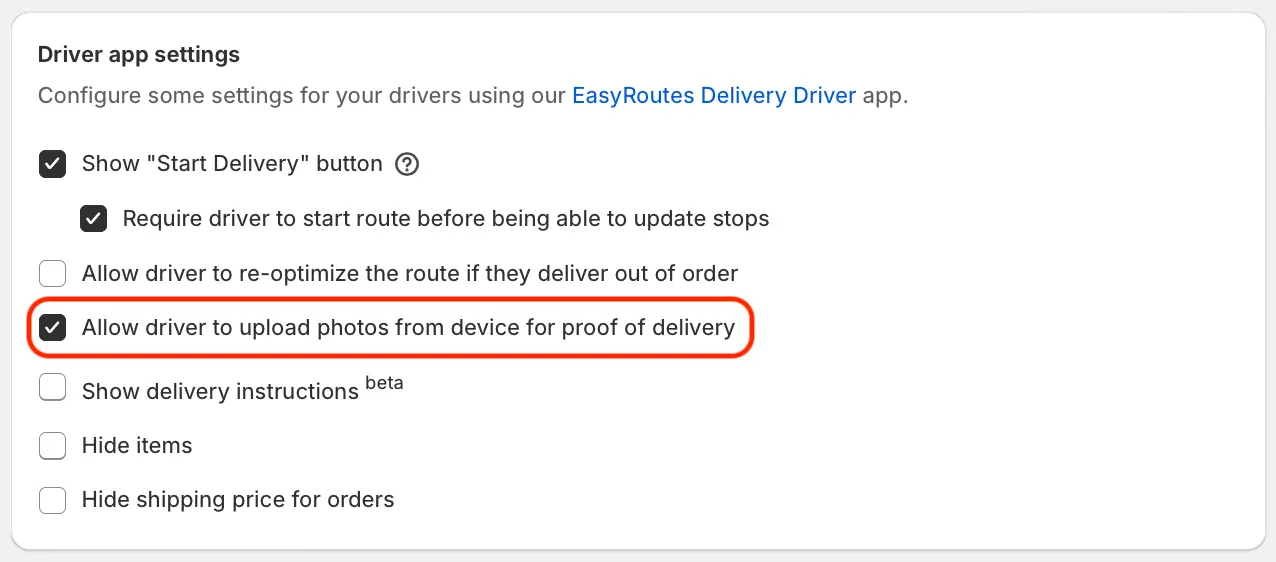The Driver app settings section with Allow driver to upload photos from device for proof of delivery ticked and circled