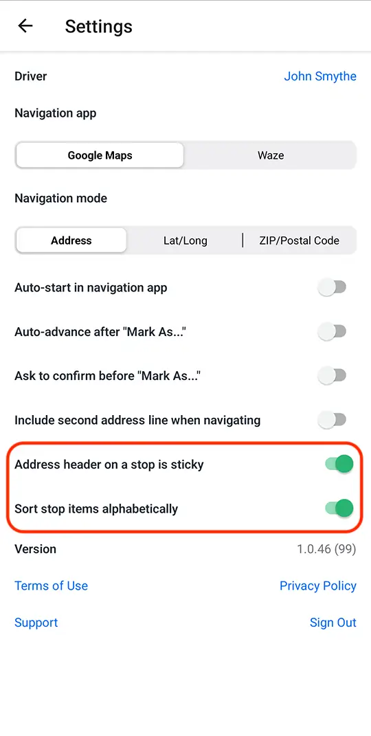 The EasyRoutes driver app Settings screen with the Address header on a stop is sticky and Sort stop items alphabetically toggles switched on and circled