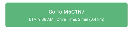 The EasyRoutes driver app’s button reading Go To M5C1N7, the stop’s postal code, when Navigation mode is set to ZIP/Postal Code