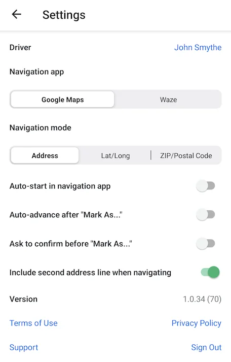 The EasyRoutes driver app’s Settings screen with Include second address line when navigating switched on, in version 1.0.34