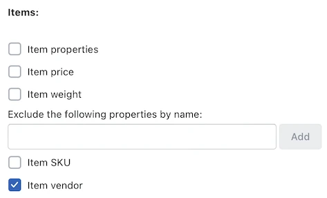The Items options for packing slips, with Item vendor checked and Item properties, price, weight and SKU left unchecked