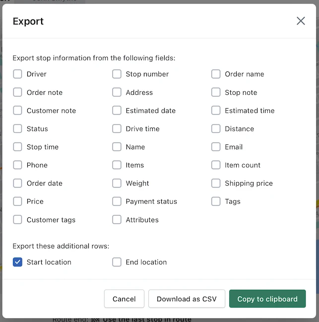 The route Export dialog with Start location checked under Export these additional rows, above the Download as CSV and Copy to clipboard buttons