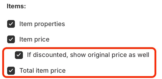 The Items checkboxes in Packing slip options, with “If discounted, show original price as well” and Total item price ticked and outlined in red