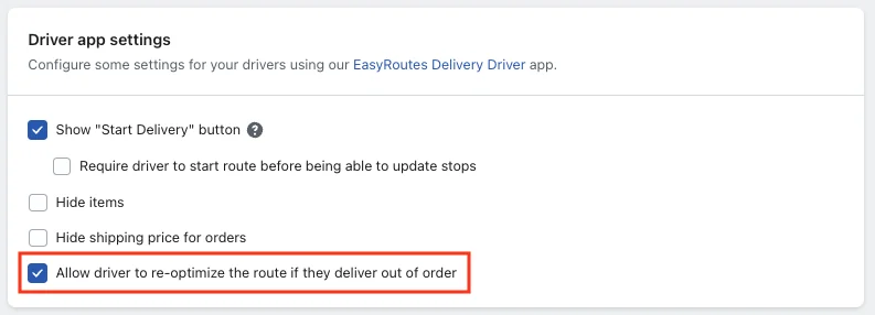 The Driver app settings section with Allow driver to re-optimize the route if they deliver out of order checked and highlighted