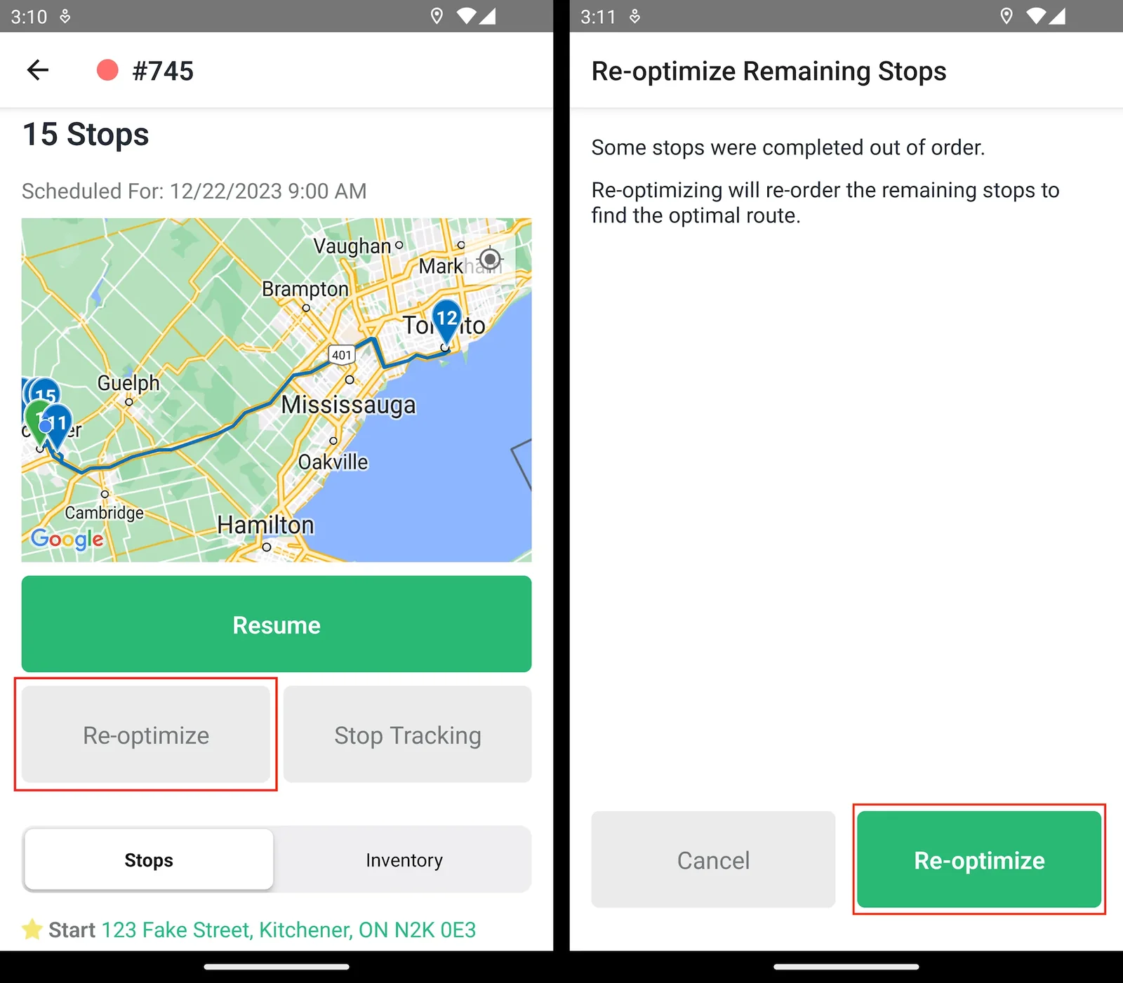 Two EasyRoutes Delivery Driver mobile app screens: the Re-optimize button beside Stop Tracking on a route, then the Re-optimize Remaining Stops prompt