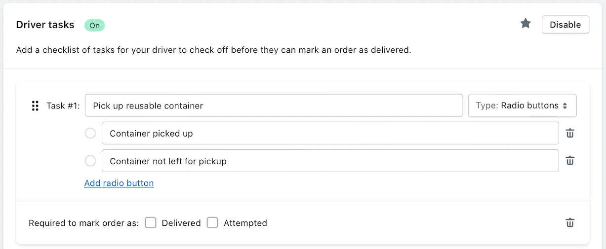The Driver tasks setting turned On, with a Radio buttons task “Pick up reusable container” offering “Container picked up” or “Container not left for pickup”