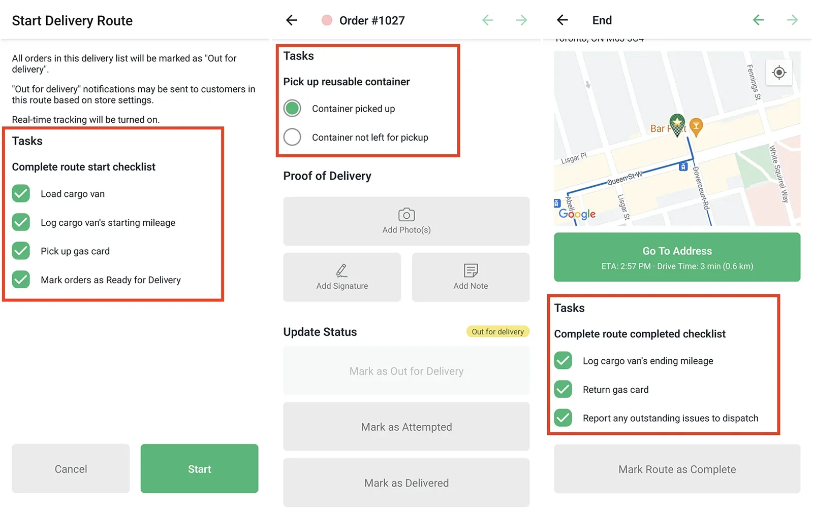Three EasyRoutes driver app screens with Tasks outlined in red: the route start checklist, a stop’s container pickup choice, and the route completed checklist