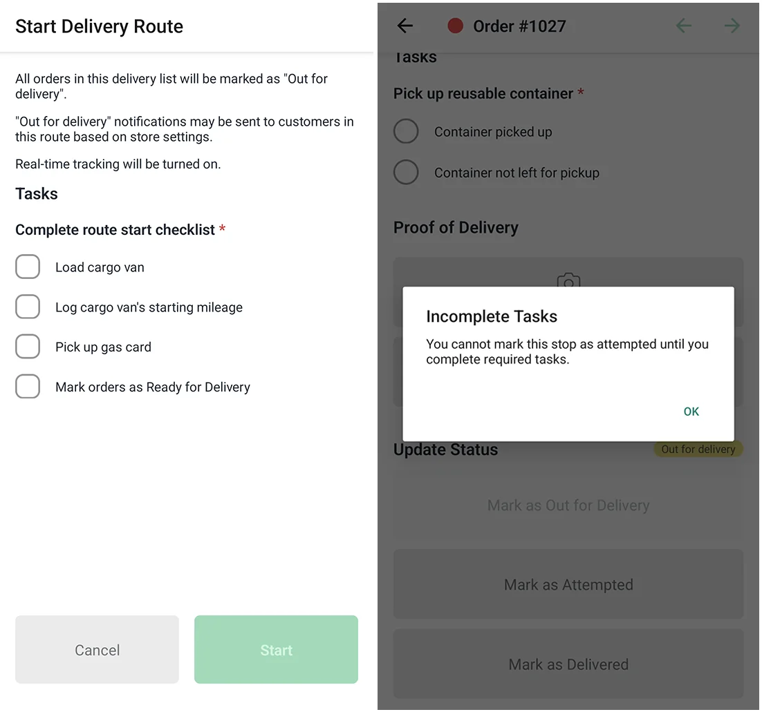The EasyRoutes driver app with Start greyed out until the start checklist is done, and an Incomplete Tasks alert blocking Mark as Attempted on a stop