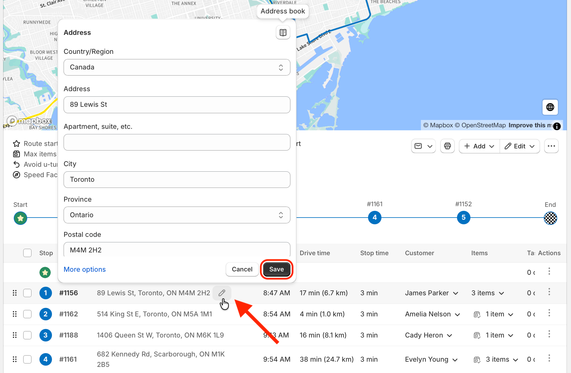 Editing stop details directly from a Route page