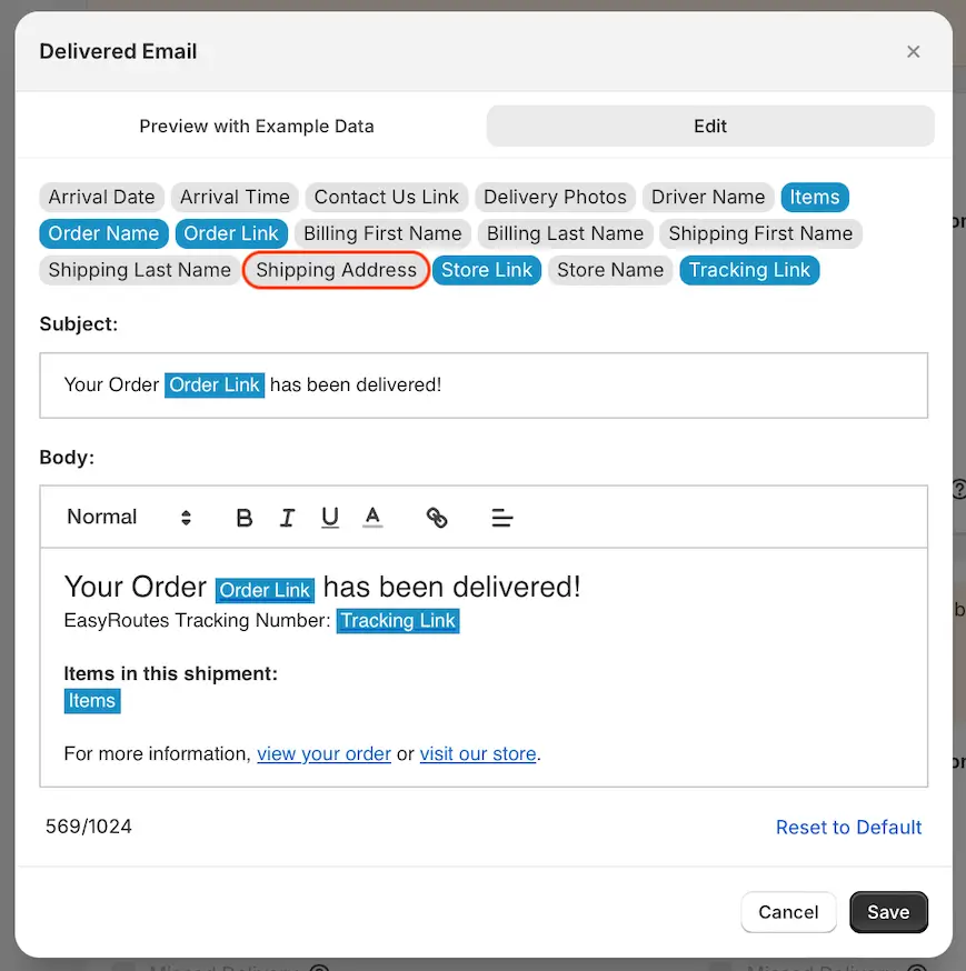 The Delivered Email template editor with its row of variables and the new Shipping Address variable circled in red