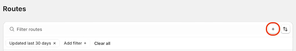 The top of the Routes page with the new plus button beside the Filter routes search bar circled in red