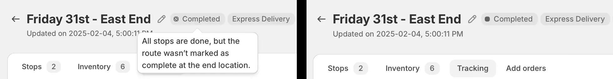 Two route headers side by side: a half-filled Completed badge with a tooltip saying the end location wasn't marked complete, and a fully filled one