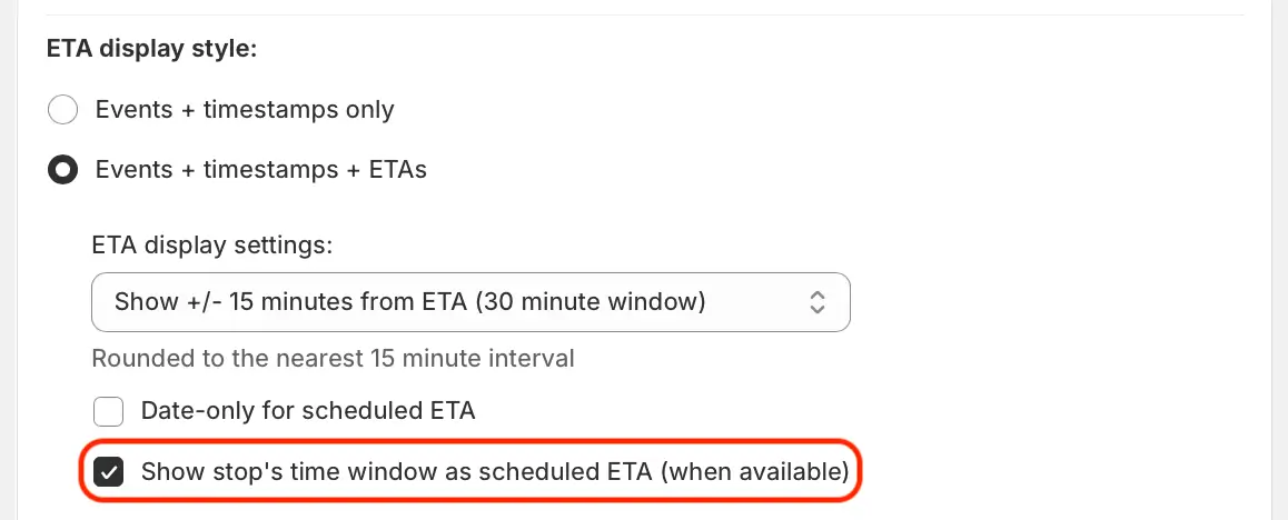 The ETA display style settings with “Show stop’s time window as scheduled ETA (when available)” ticked and outlined in red