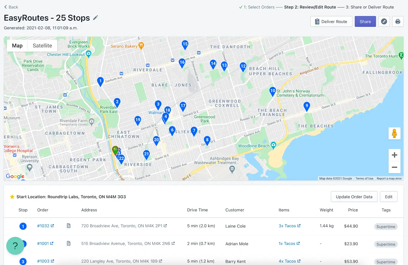 A 25-stop route page with numbered pins across a map of east Toronto above the order table, showing Tags, Price, Weight and Items columns