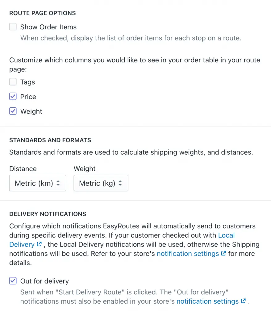 The settings page with Route Page Options for order items, tags, price and weight, Metric distance and weight menus, and the Out for delivery notification