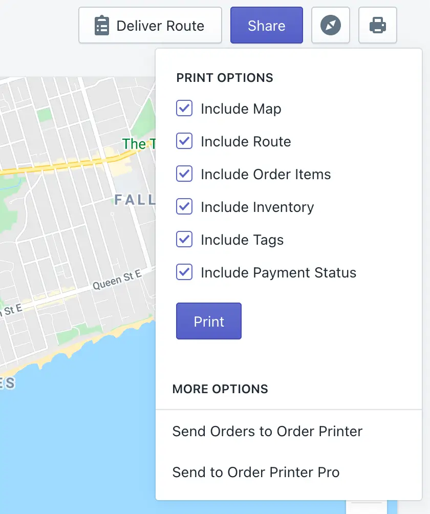 The Print Options menu under the print button with every option ticked, including Include Tags and Include Payment Status, and a Print button