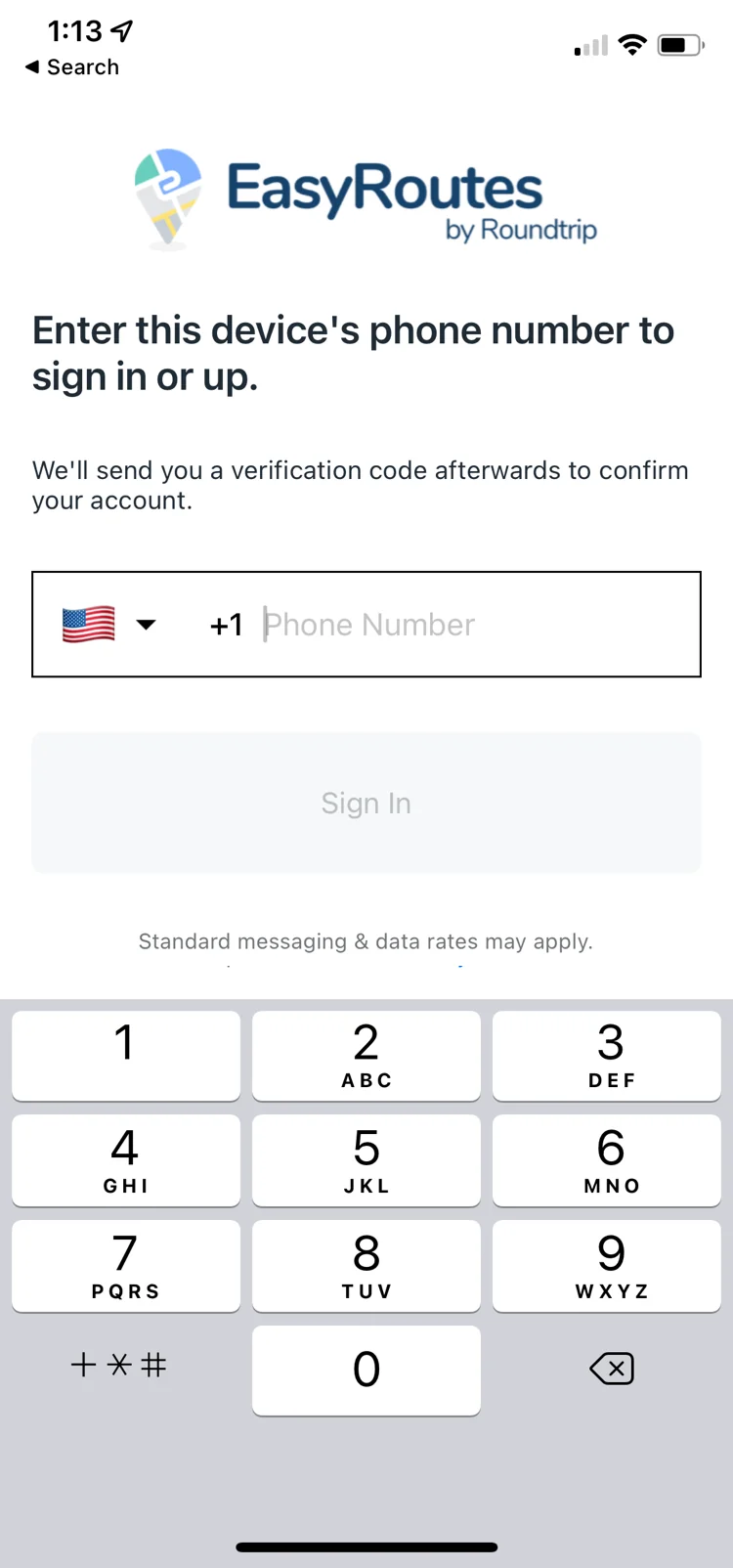 The EasyRoutes Delivery Driver sign-in screen asking for the device’s phone number, with a Sign In button and a number keypad