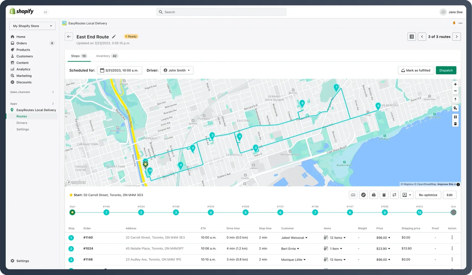 The redesigned route page for East End Route, with Stops and Inventory tabs, the route drawn on a map of Toronto and the stop list beneath