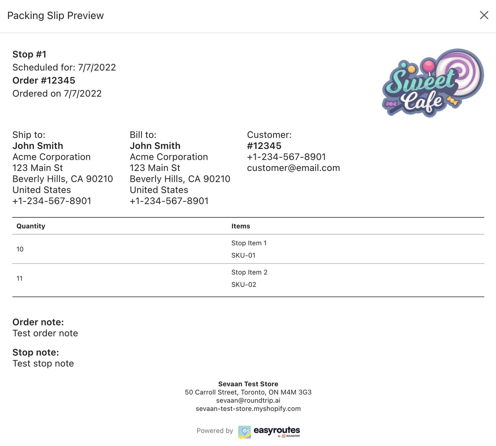 A Packing Slip Preview for Stop #1 with a “Sweet Cafe” store logo at the top right, ship-to details, items and notes