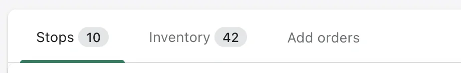 The route page tabs: Stops with a count of 10, Inventory with 42, and Add orders