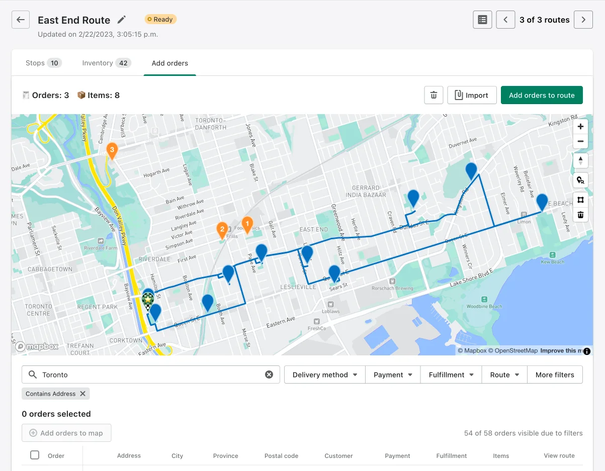 The Add orders tab on a route, with three new orders shown as orange pins beside the route’s blue stops and the Add orders to route button