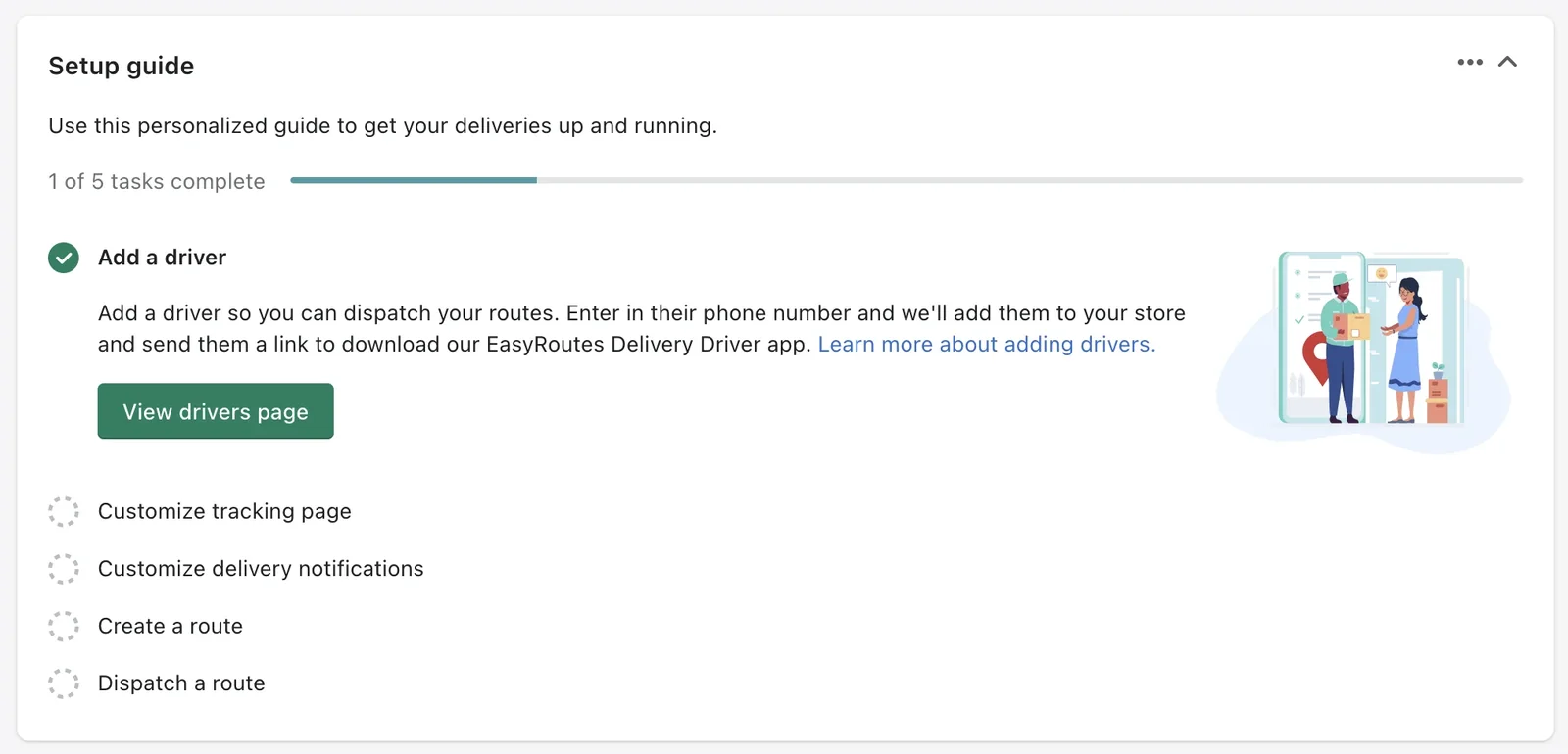 The Setup guide card at 1 of 5 tasks complete, with Add a driver ticked and the View drivers page button below it