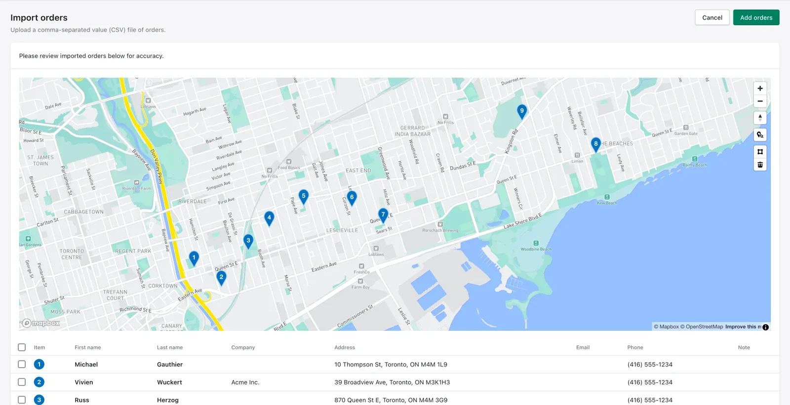 The Import orders screen previewing CSV orders as numbered pins on a map, above a table of names, addresses and phone numbers