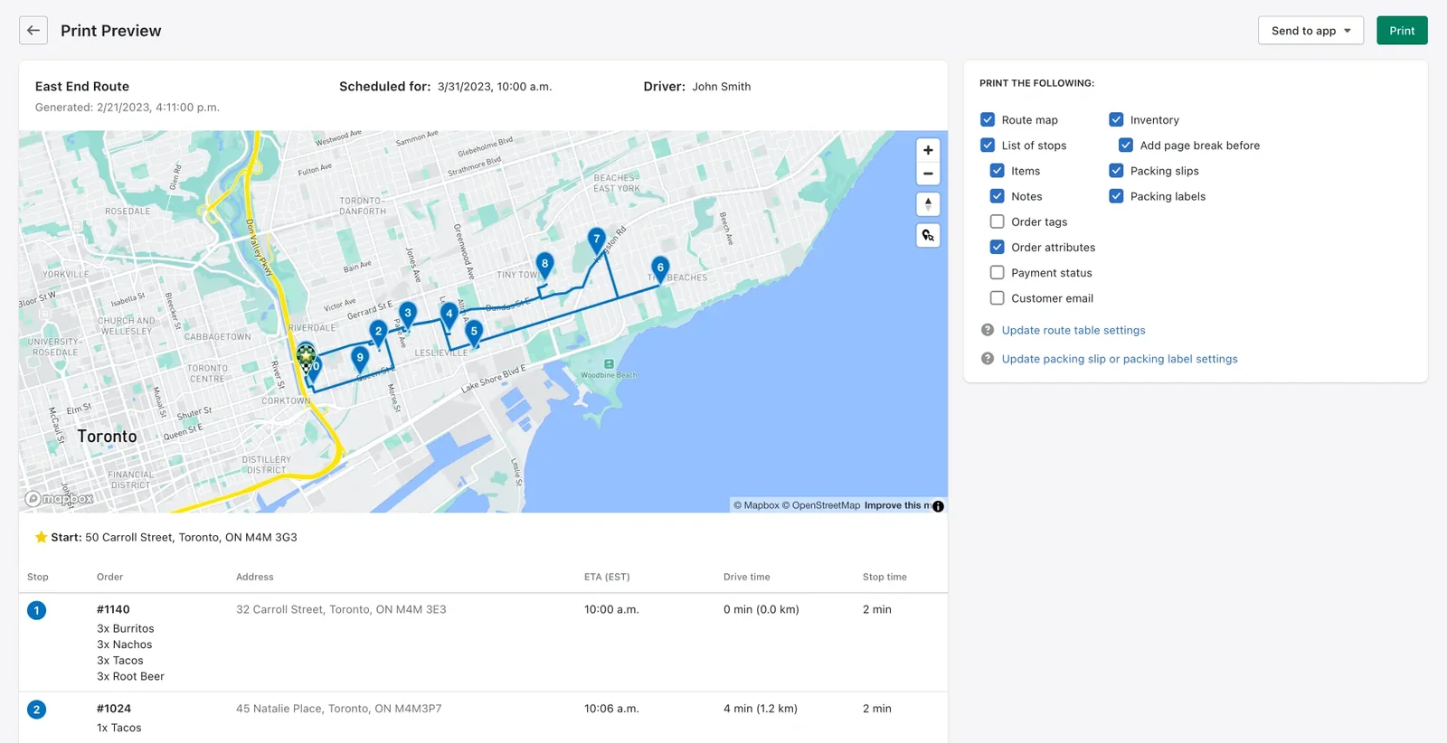 The Print Preview page showing the route map and stop list beside “Print the following” checkboxes such as Route map, Items and Packing slips