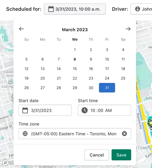 The route scheduling calendar with a start date and time and the Time zone field set to Eastern Time - Toronto