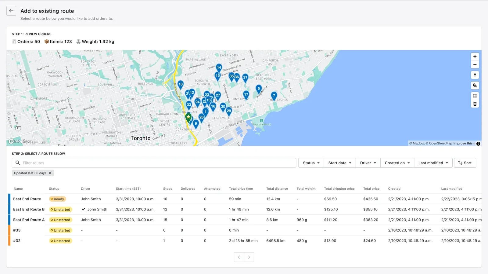 The Add to existing route page, with the selected orders pinned on a map above a filterable list of routes to choose from