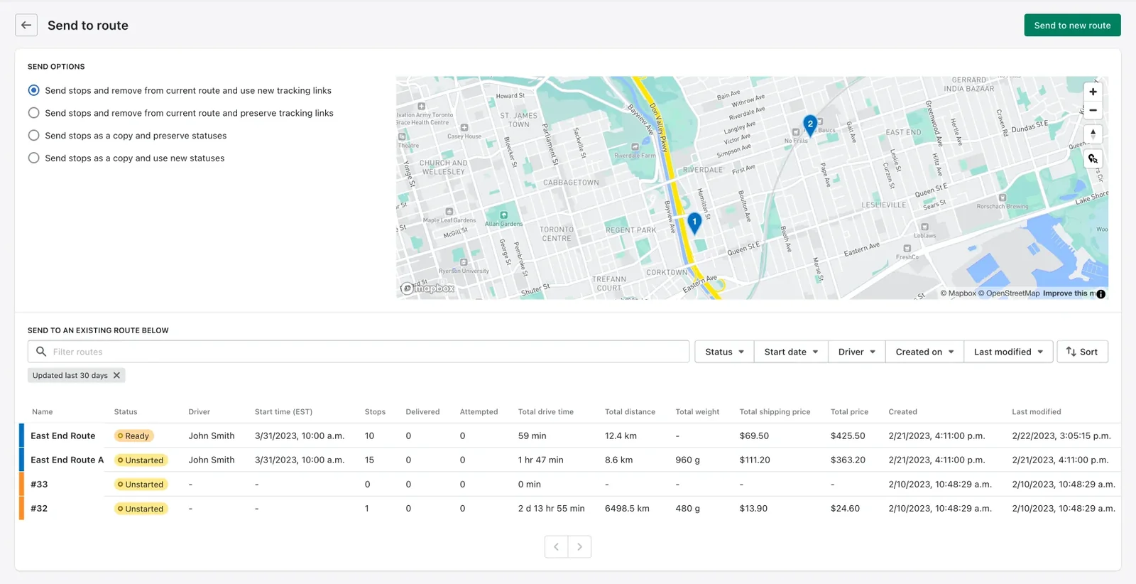 The Send to route page, with four Send options for moving or copying stops and a list of existing routes to send them to