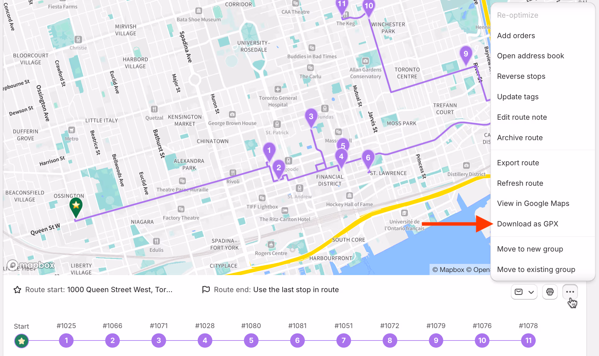 A route map of Toronto with the More actions menu open and an arrow pointing at Download as GPX