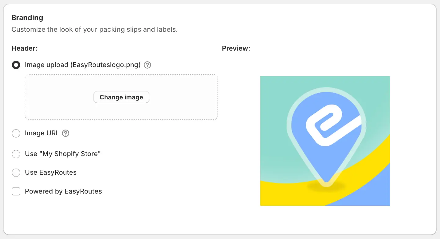 The Branding section for packing slips and labels with Image upload selected, a Change image button and a preview of the uploaded EasyRoutes logo