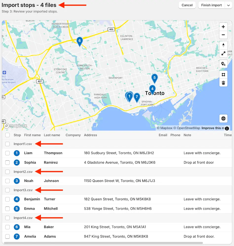 The Import stops - 4 files review page, with arrows pointing to the title and to each of Import1.csv to Import4.csv heading its stops below the map